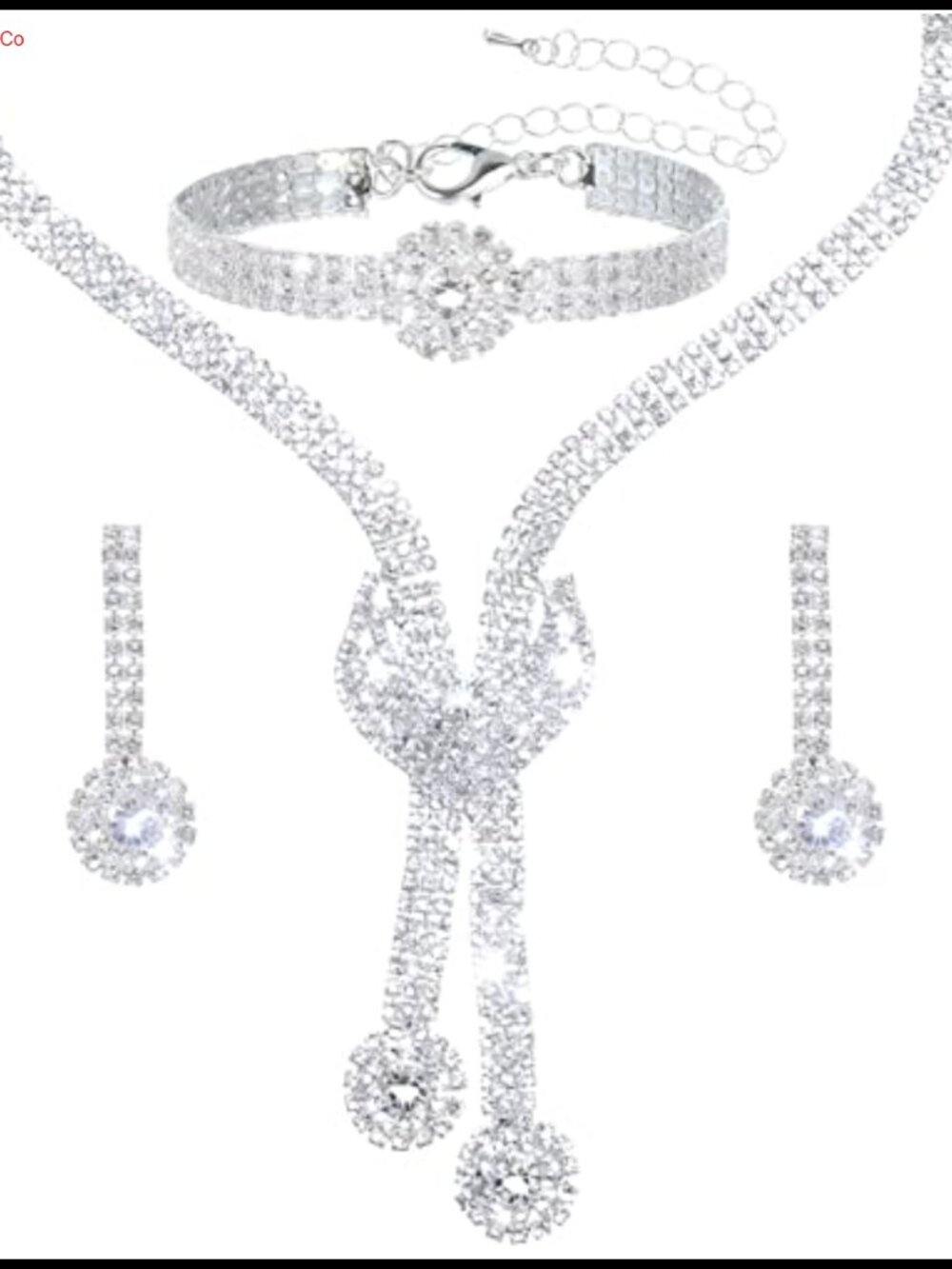 Silver Rhinestone Jewelry Set Necklace Dangle Earrings Bracelet Wedding Formal